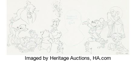Mickey Mouse and Friends Preliminary Stock Certificate Illustration by Willie Ito (Walt Disney, 1986)