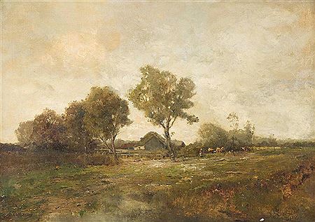 Bäuerin mit Kühen auf der Weide vor dem Hofhaus