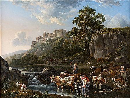 RIVER LANDSCAPE WITH CATTLE SHEPHERD IN FRONT OF A BIG CASTLE INVESTMENT