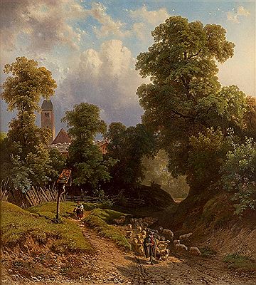 Landidyll with a shepherd and his flock