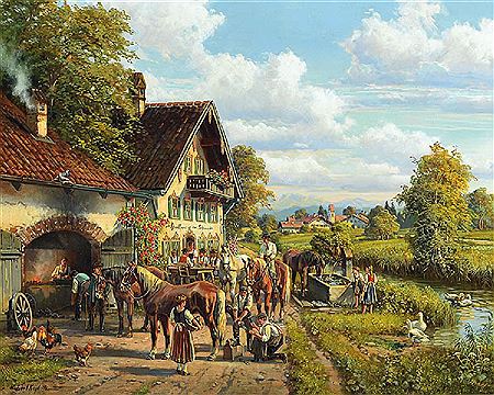 Forge with guesthouse and opulent persons and animal painting, detailed illustration, blacksmith dresses the horse, guests in the tavern and children and animals at the watering place in the background by Hubert Kaplan - Auction record, sale price, and art valuation. Compare with similar artists and explore comparable artworks.