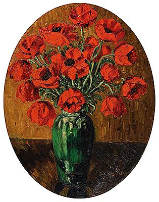 Still life with poppies in green vase
