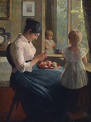 Sitzende Mutter mit Kind am Fenster, Mutter beim Schälen von Obst, feine Wiedergabe der Töne, virtuose Spiegelung des Kindes im Fenster