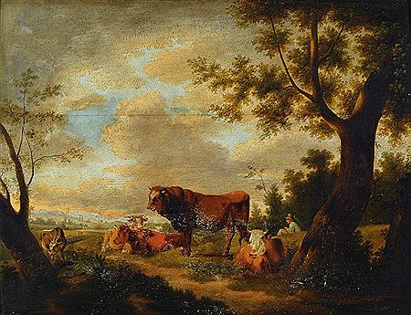 Kühe ruhend auf der Weide unter Bäumen, seitlich rechts ein Hütejunge by Karl Kuntz - Auction record, sale price, and art valuation. Compare with similar artists and explore comparable artworks.