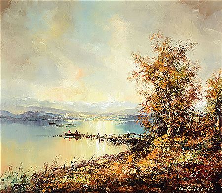 Seealpenlandschaft mit Fischern in Booten, Am Staffelsee