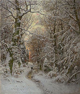 Snow-covered woodland withhunter on the way, sunset