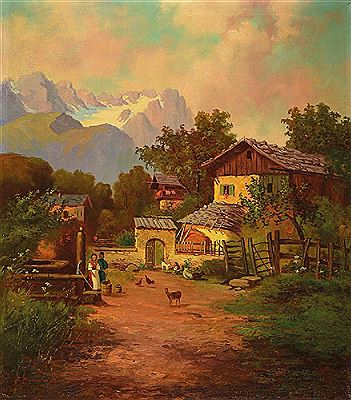 Farm with figure staffage in front of an alpine landscape, romantic view of the mountain landscape with personal staging in homestead