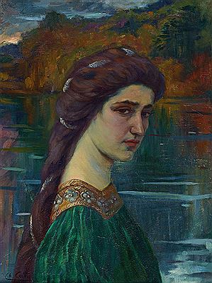 Art noveau portrait of a young woman in front of a pond
