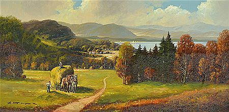 Hay harvest on a Upper Bavarian lake