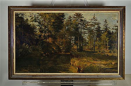 Forest landscape with river, very good reproduction of the twilight