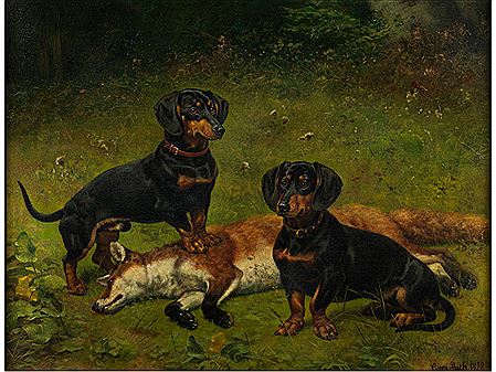 ZWEI DACKEL MIT ERLEGTEM FUCHS, 1898