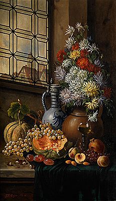 GROßES HERBSTLICHES STILLLEBEN MIT DAHLIEN, WEINTRAUBEN UND KÜRBIS