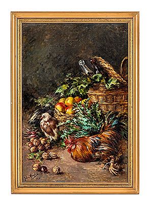 Nature morte au panier, coq, noix