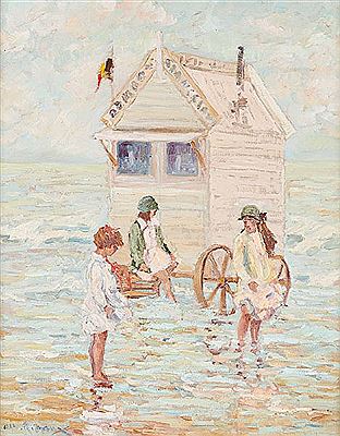 Cabine de bain et jeunes filles à la mer du Nord