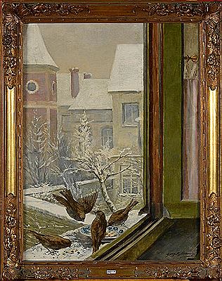Les moineaux sur le bord de la fenêtre de l'atelier de l'artiste"