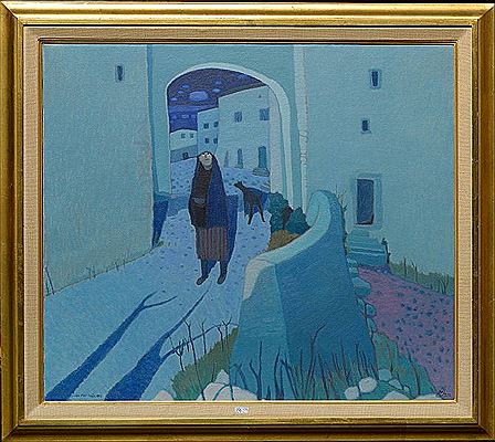 Ruelle animée de nuit sur fond bleu