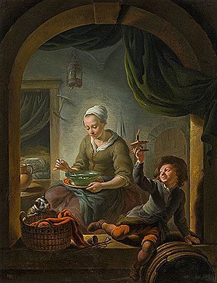 A young woman and a boy with a mousetrap in an interior