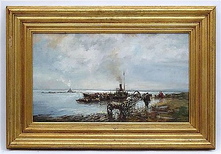 Volga River Ferry and a man with a horse drawn cart by Mikhail Kraiev - Auction record, sale price, and art valuation. Compare with similar artists and explore comparable artworks.