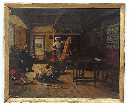 The Travelling Draper, The Lady of the house haggles with a Cloth Merchant, whilst her maid sorts through cloth, in a Victorian interior by Ella M Bedford - Auction record, sale price, and art valuation. Compare with similar artists and explore comparable artworks.