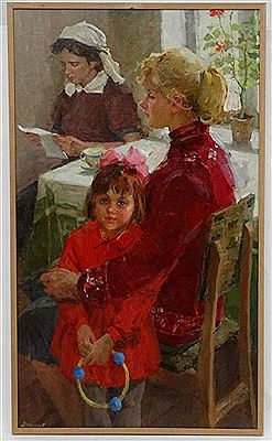 "Letter from Afghanistan", Woman reading a letter sat at a table with mother and child by Dimitri Ivanovich Shmelev - Auction record, sale price, and art valuation. Compare with similar artists and explore comparable artworks.