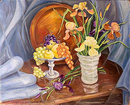 Untitled, still life of table with fruit and flowers by Priscilla Longshore Garrett - Auction record, sale price, and art valuation. Compare with similar artists and explore comparable artworks.