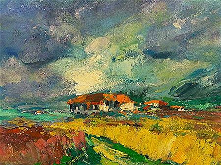 Wheatfields Landscape with Houses by Branko Dimitrov - Auction record, sale price, and art valuation. Compare with similar artists and explore comparable artworks.