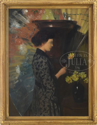 PORTRAIT OF A YOUNG WOMAN ARRANGING FLOWERS