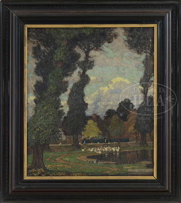 FIGURES NEAR A POND WITH WHITE GEESE