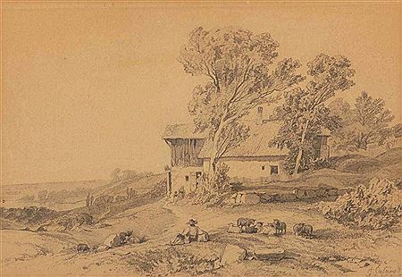 Idyllic landscape with a locking goatherds