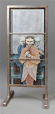 Screen with the picture of three masked figures