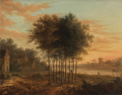 River landscape with a village bustle