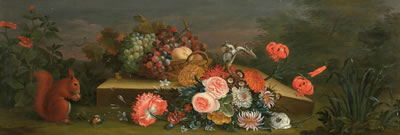 Large Still Life with Flowers, fruits and squirrels