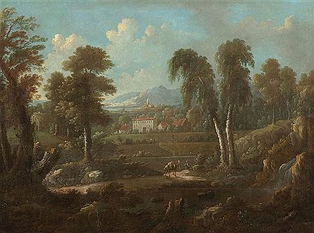 Gebirgige Landschaft mit Häusern, Kirche und Dorf