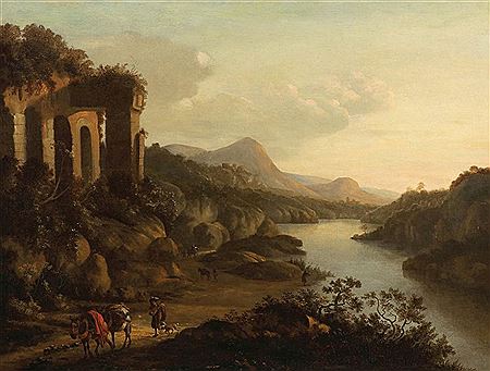 Klassische Landschaft mit Personen vor antiken Ruinen