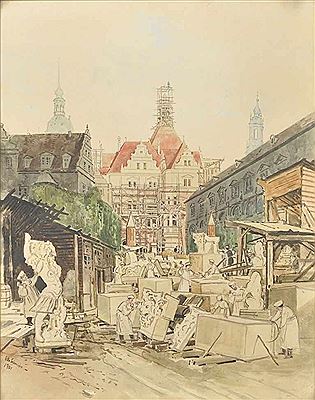 Bau des Dresdner Schlosses, Blick vom Stallhof zum Schloss, 1901 by Otto Ludwig Schneider - Auction record, sale price, and art valuation. Compare with similar artists and explore comparable artworks.