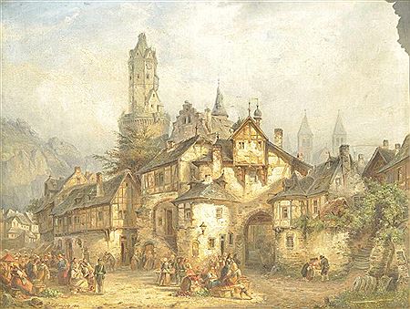 Markttreiben vor der Stadt Andernach am Rhein. 1861