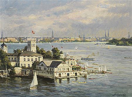 Blick auf Uhlenhorster Fährhaus und das Alsterpanorama von Hamburg, Wohl 1930