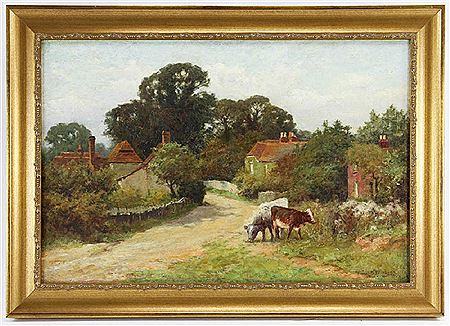 English landscape with houses and cows