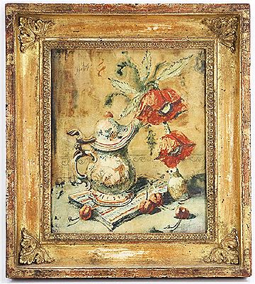Still life of Chinese teapot, poppies and bird