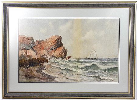 Coastal view with boat and rocks