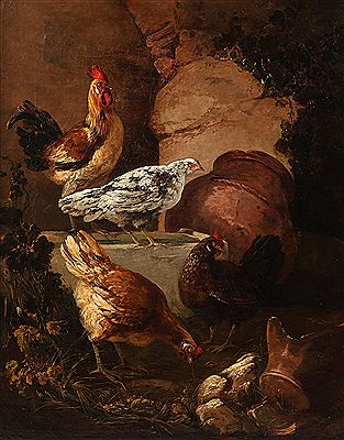 Coq et poules picorant ; Poules et canards s'abreuvant (2)