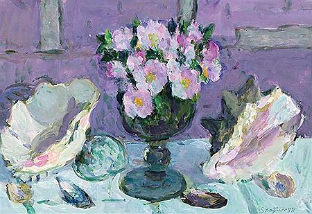 Stillleben mit Blumenschale und Muscheln