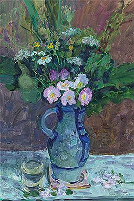 "Feldblumen und Heckenrosen in hessischem Krug". Originaltitel