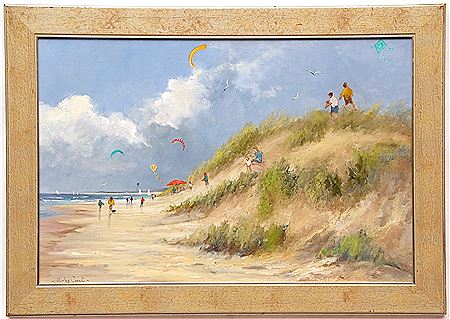 NORFOLK BEACH SCENE WITH FIGURES AND KITE FLYERS