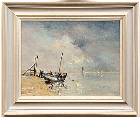 Beached fishing boat and sail boat, North Norfolk near Wells