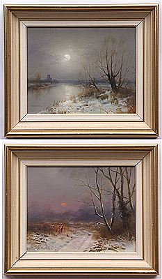 Winter landscapes by moonlight and sunset pair