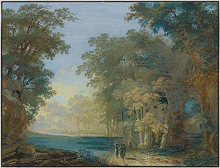 Idyllic forest landscape with small pond, with figures conversing the foreground.