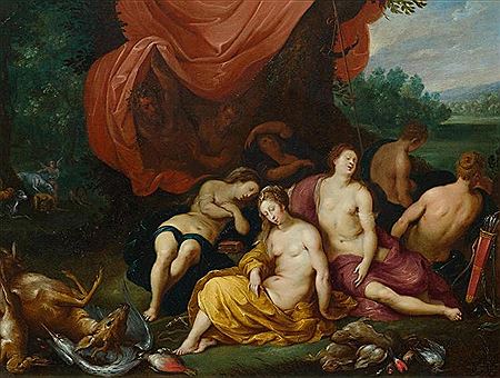 Diana and the Nymphs sleeping, watched by the Satyrs.