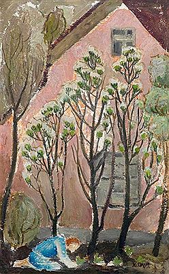 A farm with trees and a figure in the foreground