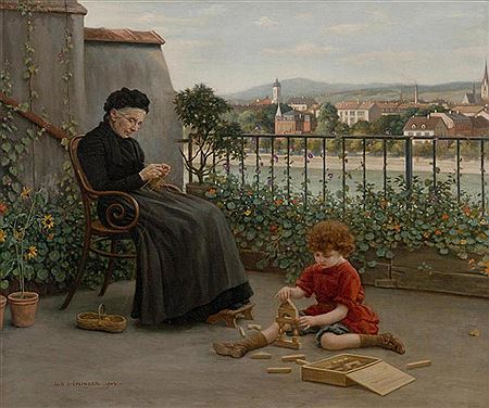 Grandmother with child, view of Kleinbasel from a terrace on the Rheinsprung. 1902